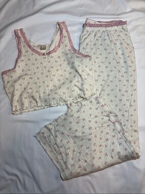 Pink Ribbon Bow Print Matching Pajama Set Dainty Girly PJs Crop Tank + Pants XL